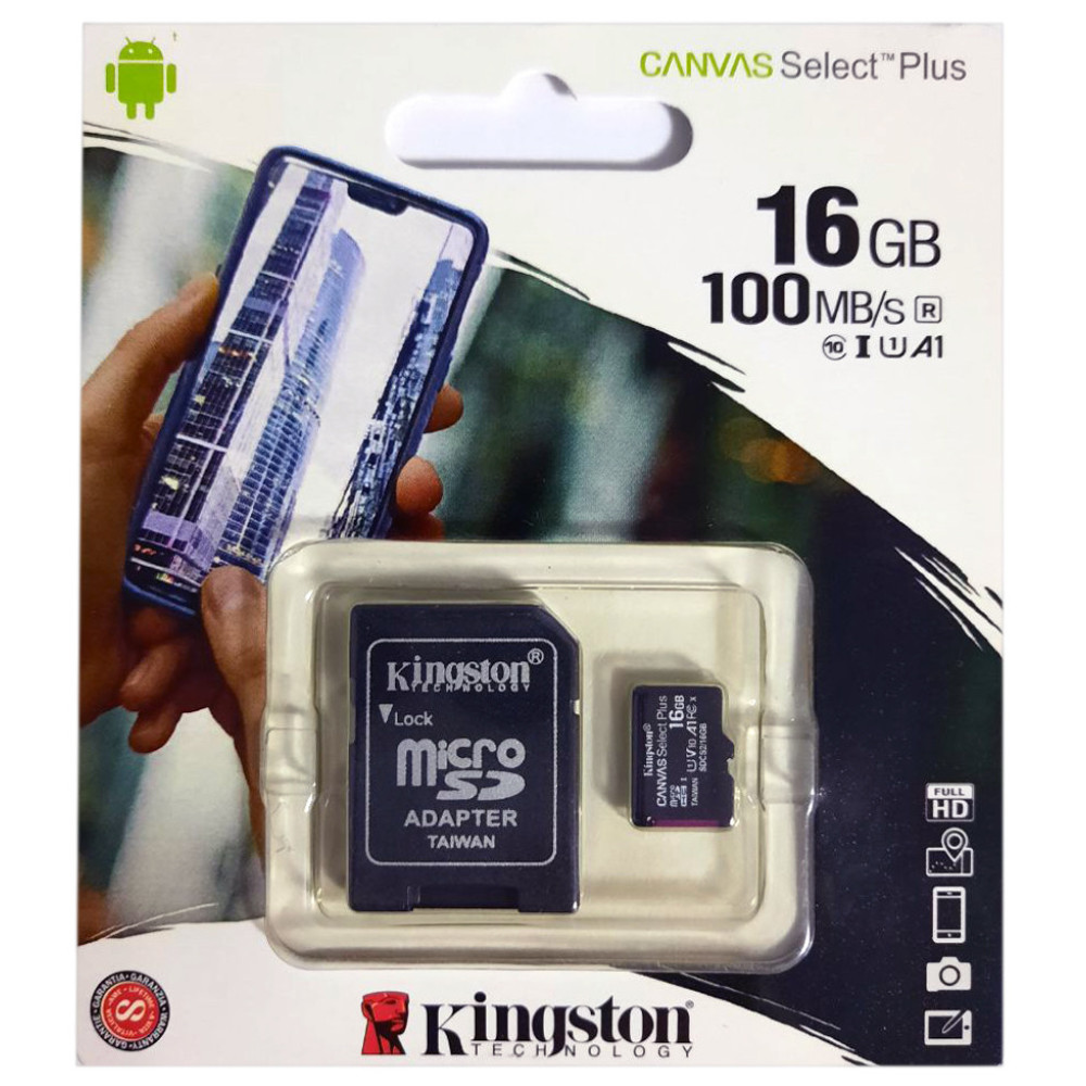 Карта пам'яті micro SDHC Kingston (UHS-1) 16GB клас 10 (з адаптером) (Гарантія 3 роки)