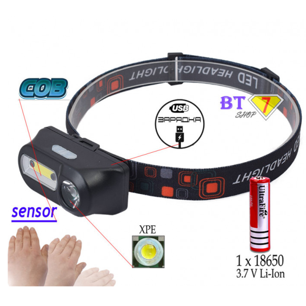 Налобний ліхтар Bailong BL-1804A, LED+COB, сенсор, акумулятор 18650, micro USB