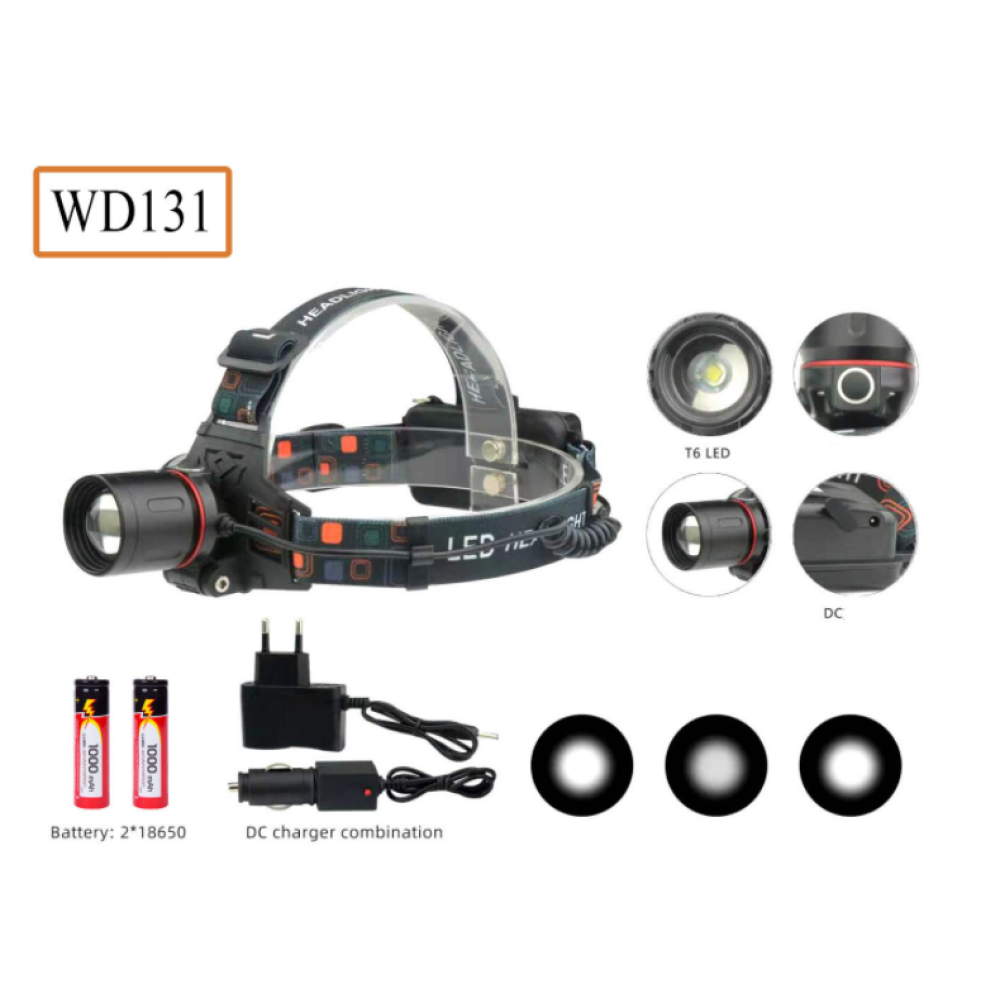Налобний ліхтар WD131, Акк., T6 LED, Zoom