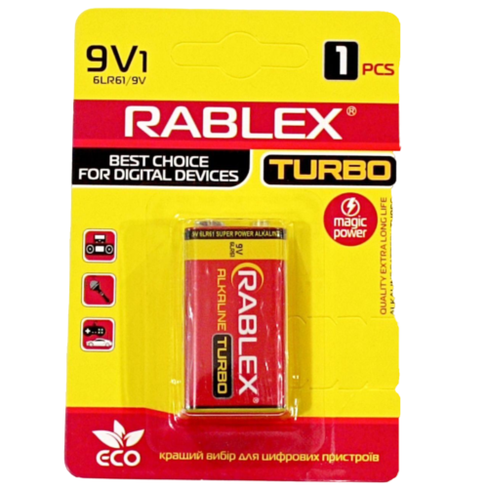 Акумулятор Rablex Крона 6F22/ 9V / Лужний / TURBO/ БЛИСТЕР