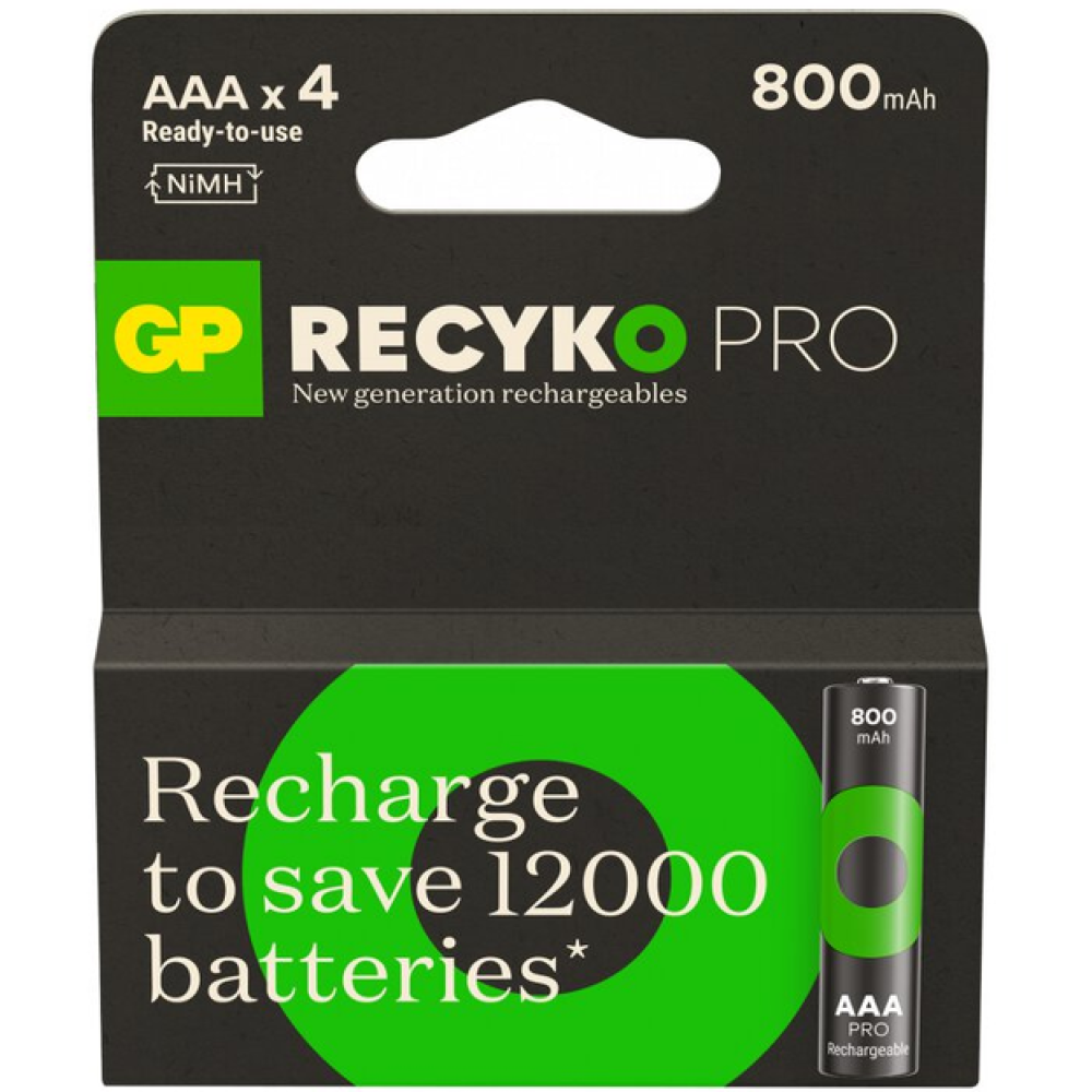 Акумулятор GP Recyko Pro 800mAh Eco, Ni-MH AAA, 1.2V, 2.4A, LSD70-5, коробка 4 шт.