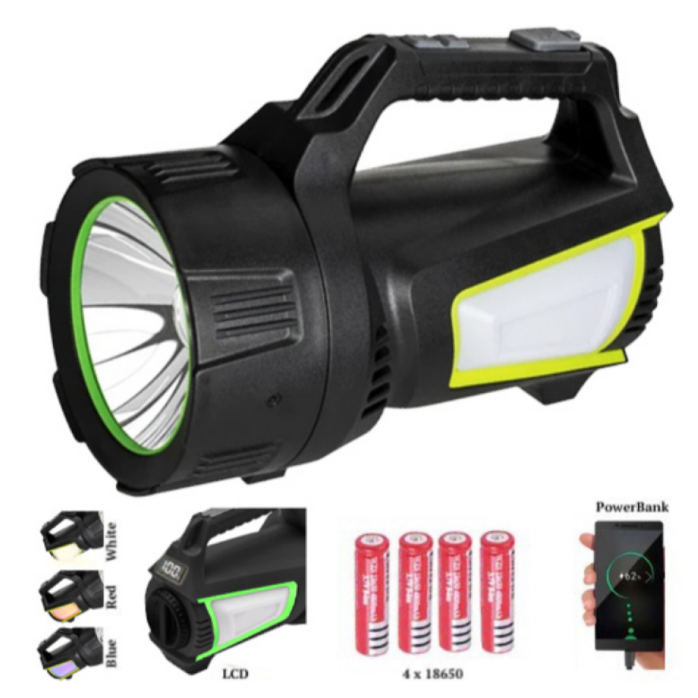 Ручний ліхтар T100A-10W+2COB, Білий, Червоний, Синій, power bank, 4x18650, ЗУ Type-C