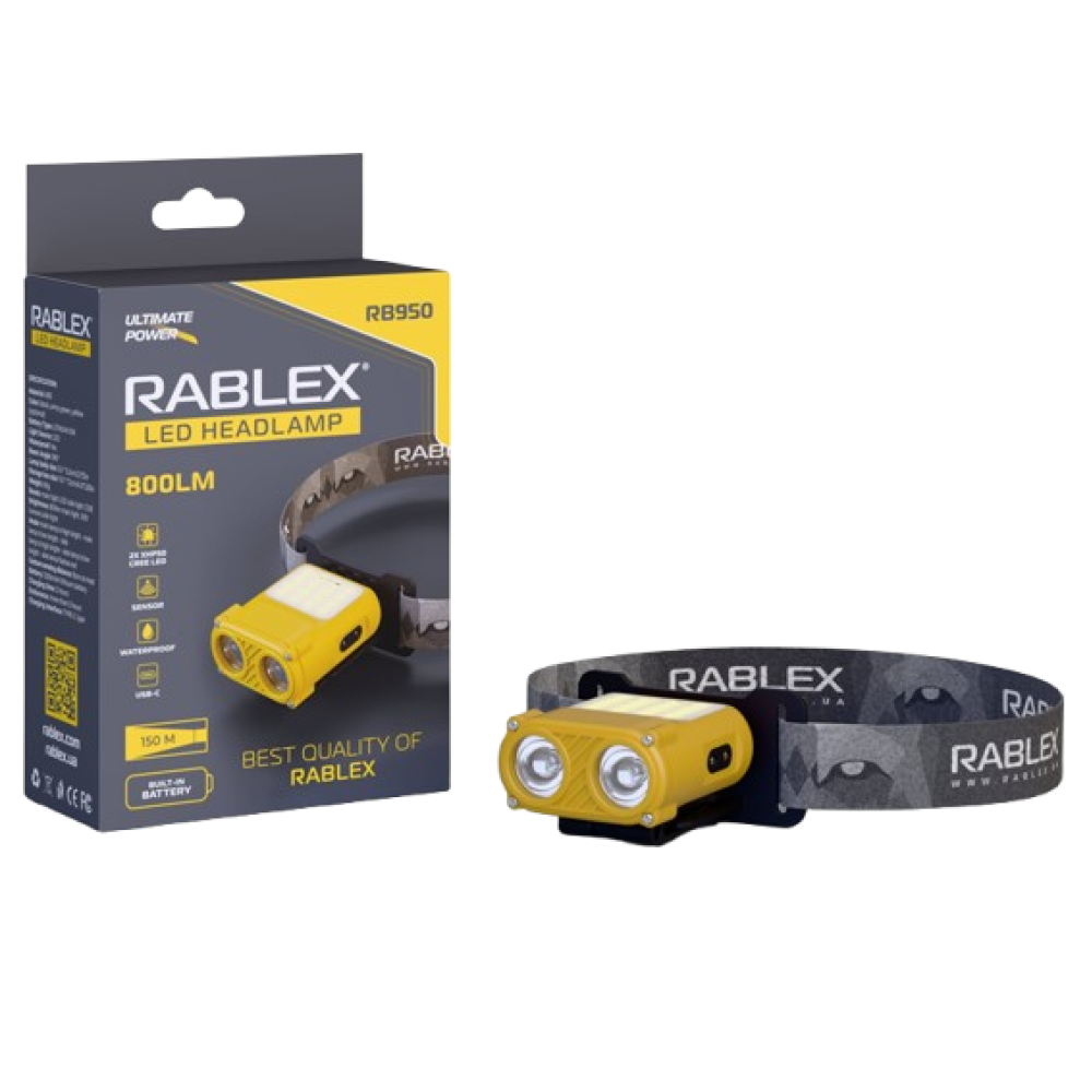 Налобний ліхтар Rablex RB950, червоний+біле світло, 2хXPL+16хCOB+1хRED COB, акум, Type-C