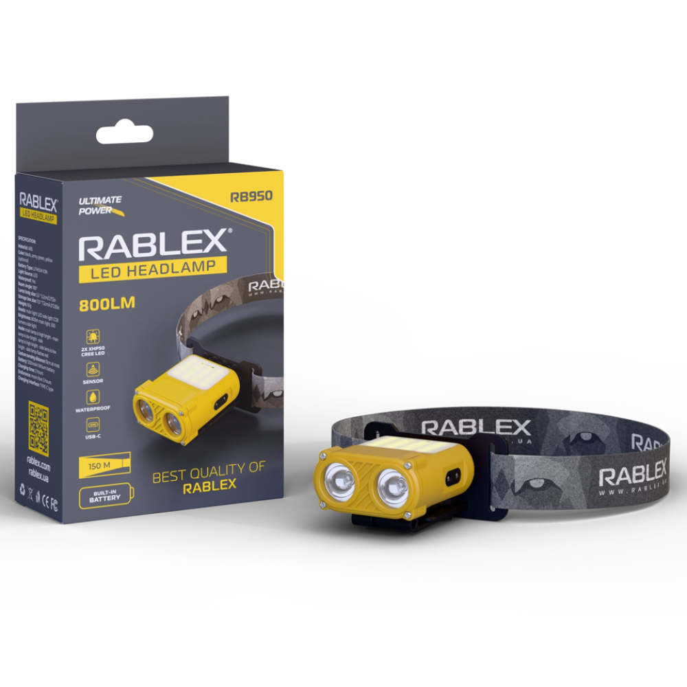 Налобний ліхтар Rablex RB950, червоний+біле світло, 2хXPL+16хCOB+1хRED COB, акум, Type-C