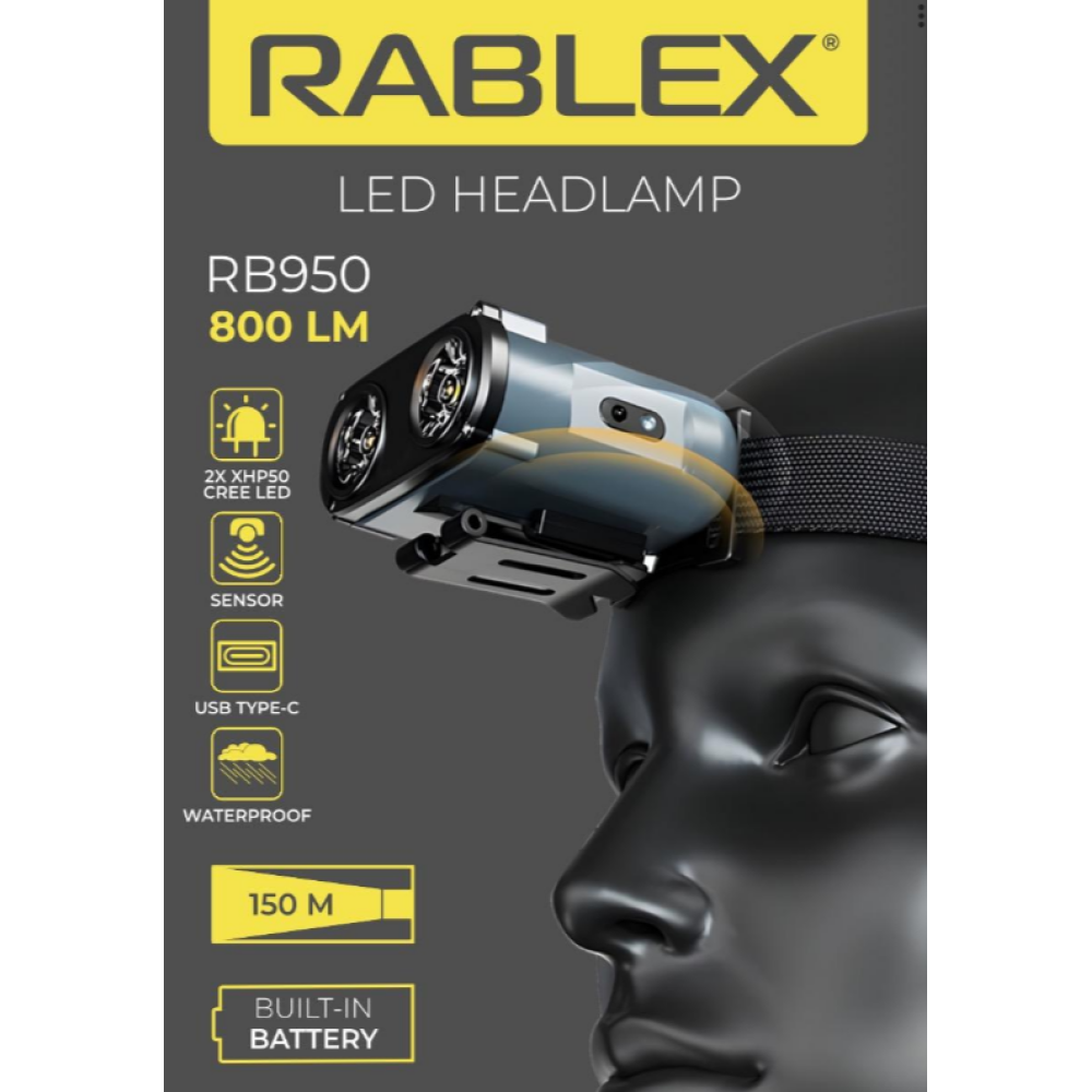 Налобний ліхтар Rablex RB950, червоний+біле світло, 2хXPL+16хCOB+1хRED COB, акум, Type-C