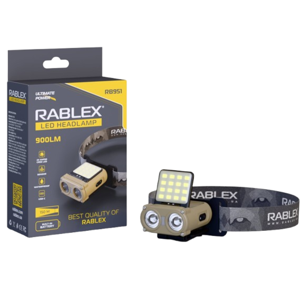 Налобний ліхтар Rablex RB951, червоний+білий світло, 2хXPL+16хCOB+1хRED COB, акум, Type-C