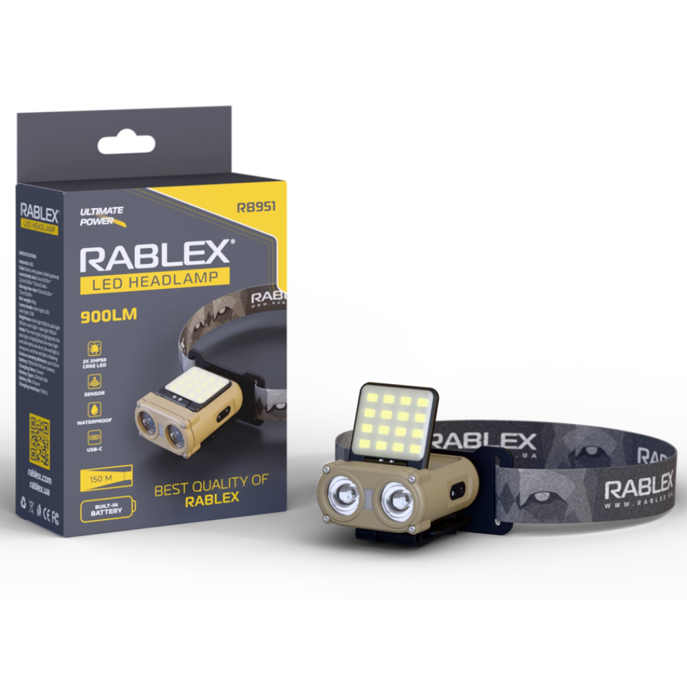 Налобний ліхтар Rablex RB951, червоний+білий світло, 2хXPL+16хCOB+1хRED COB, акум, Type-C