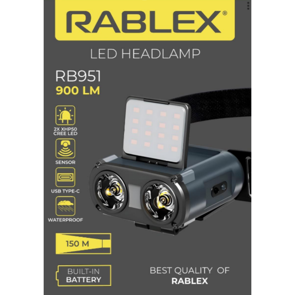 Налобний ліхтар Rablex RB951, червоний+білий світло, 2хXPL+16хCOB+1хRED COB, акум, Type-C