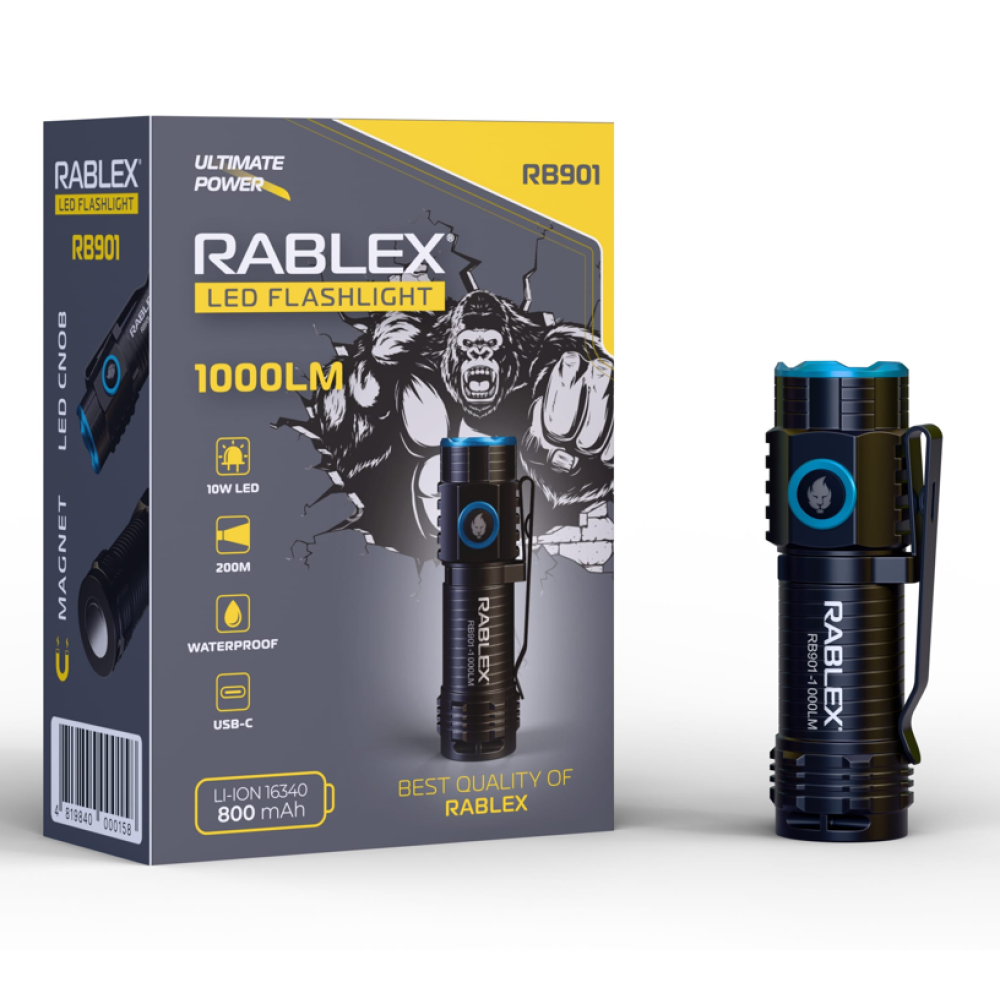 Ручний ліхтар Rablex RB901, Li-ion 16340, Zoom, ЗУ Type-C,