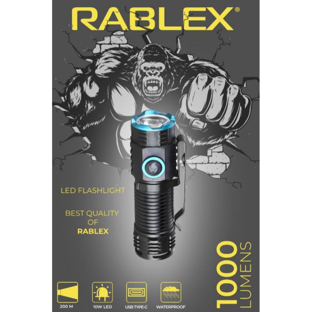 Ручний ліхтар Rablex RB901, Li-ion 16340, Zoom, ЗУ Type-C,