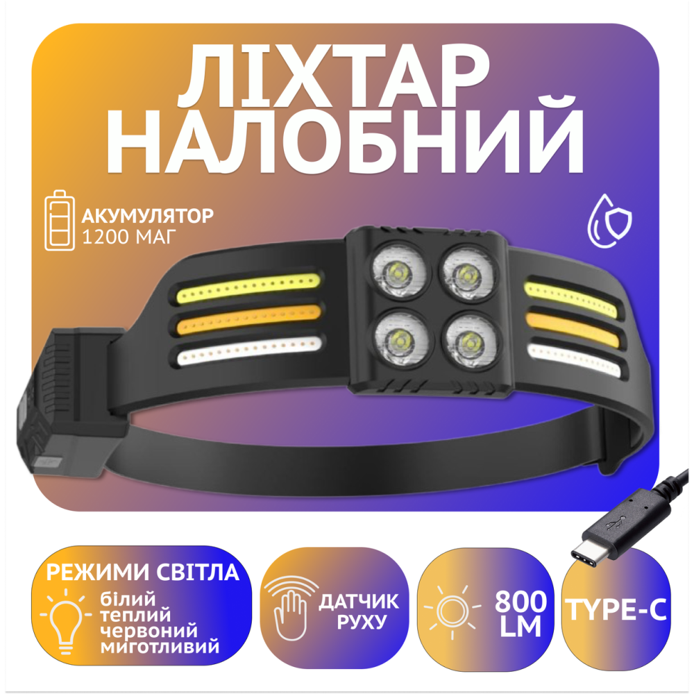Налобний ліхтар PL-173, 4хLED, 3хCOB, Червоний, Білий, Жовтий, ЗУ Type-C, Сенсор