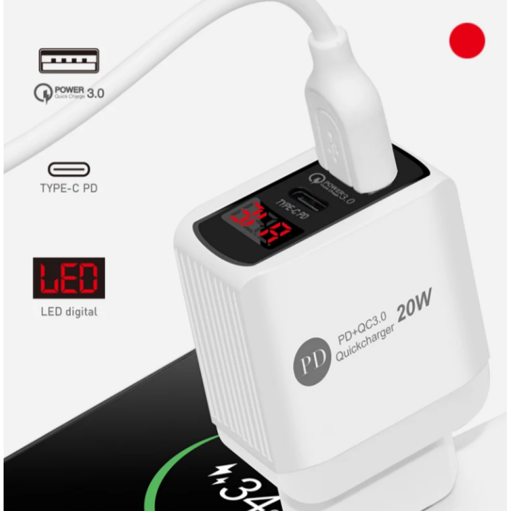 СЗУ Мережева зарядна пристрій PD PKG034, 2*USB, QC3.0, 25W, LED