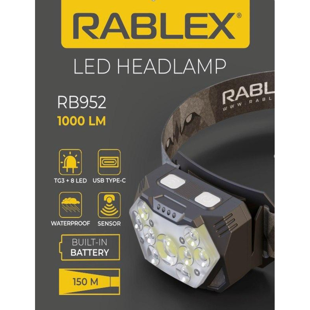 Налобний ліхтар Rablex RB952, жовтий+білий+червоний, 3хTG+8хLED+2хRED LED, Сенсор, акум, Type-C