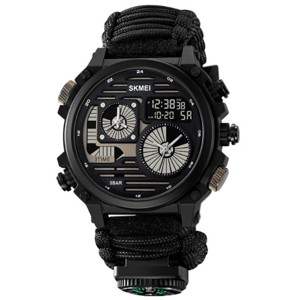 Годинники наручні SKMEI 2202BK, PARACORD, ЧОРНИЙ, Компас, термометр, свисток, кресало, 10348