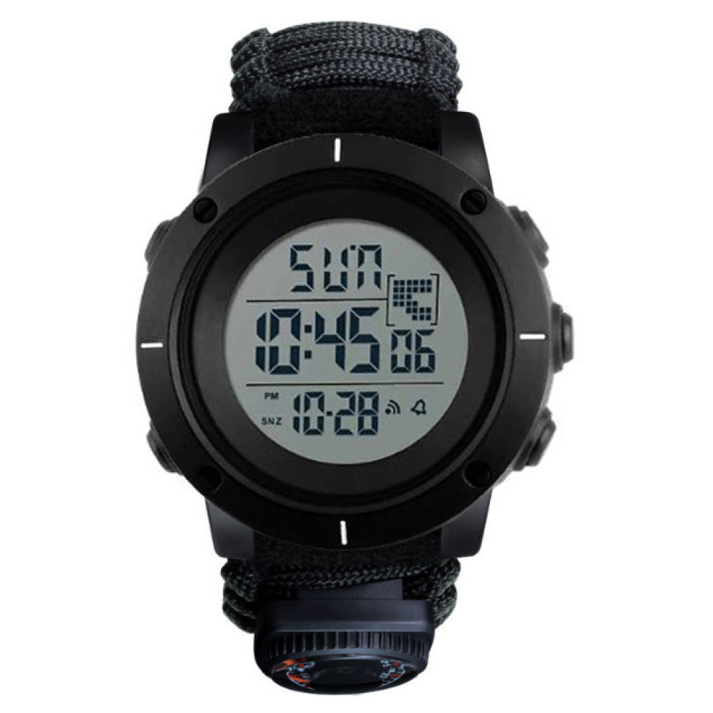 Годинники наручні SKMEI 1213BK, PARACORD, ЧОРНИЙ ВЕЛИКИЙ РОЗМІР, Компас, термометр, свисток, кресало, 10465