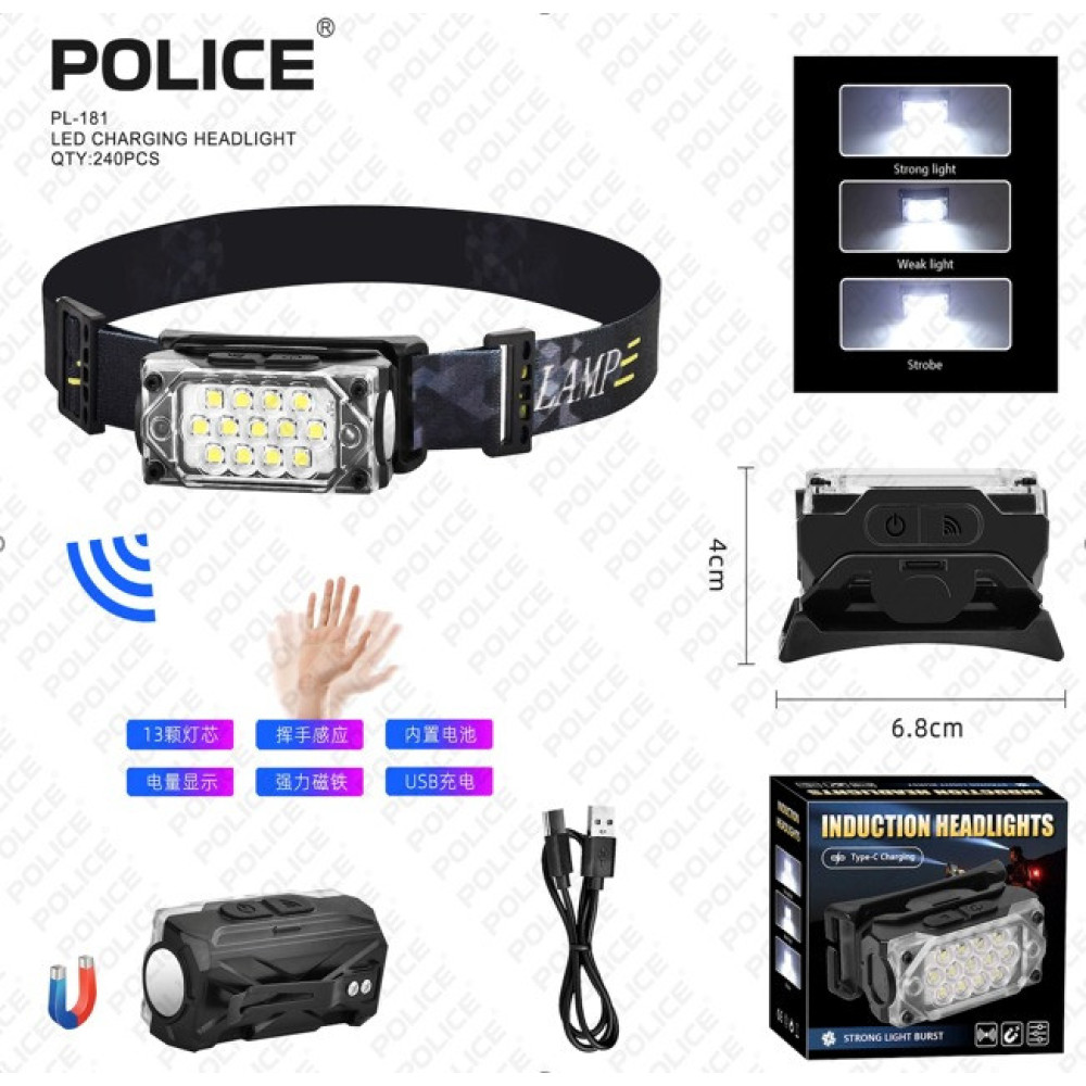 Налобний ліхтар Police PL-181, акум, магніт, сенсор, Type-C