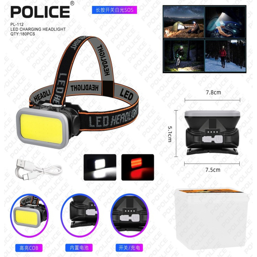 Налобний ліхтар Police PL-112, білий+червоний, акум, Type-C