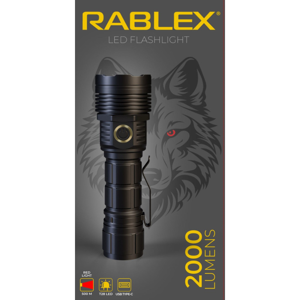 Ручний ліхтар Rablex RB920, ЧЕРВОНЕ СВІТЛО, 1хT28, 1х21700 акумулятор, zoom, Type-C, 2000LM