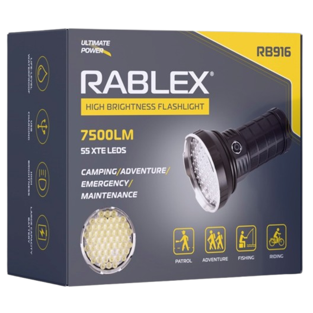 Ручний ліхтар Rablex RB916, 55LED, 4х18650 акум, Type-C, 7500LM