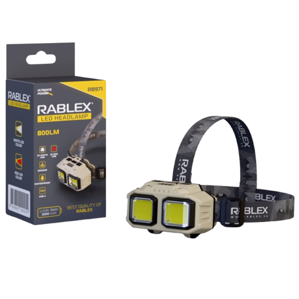 Налобний ліхтар Rablex RB971, білий+червоний, 2хLed+2хCOB, Сенсор, 1х18650 акум, Type-C