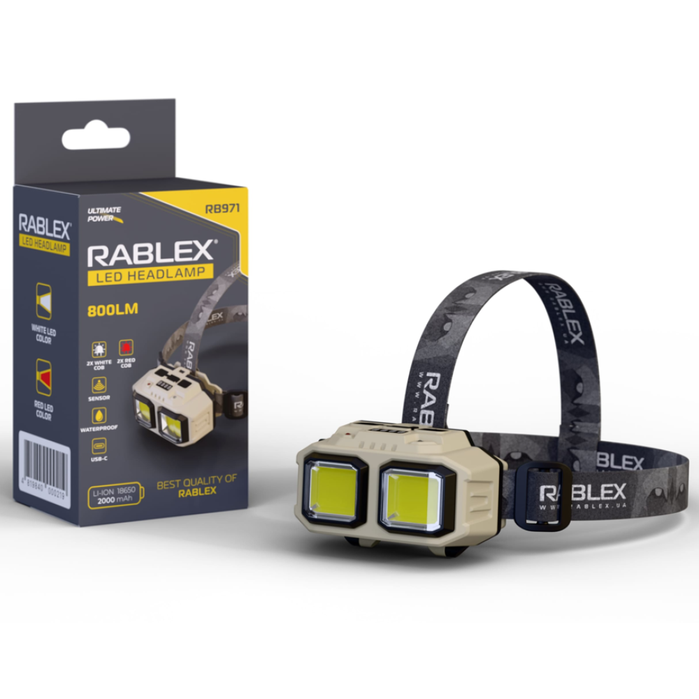 Налобний ліхтар Rablex RB971, білий+червоний, 2хLed+2хCOB, Сенсор, 1х18650 акум, Type-C