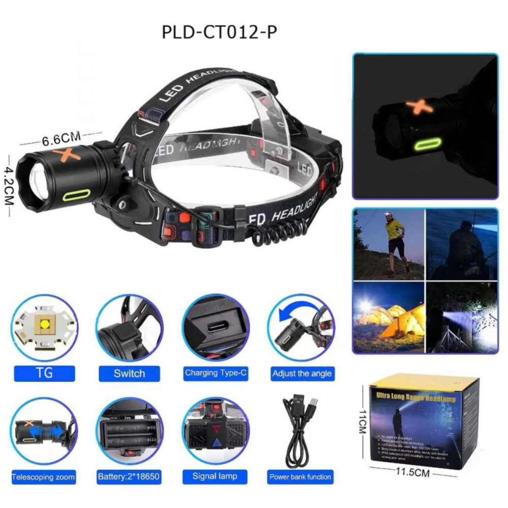 Налобний ліхтар CT012-P-TG, 2x18650, ЗУ Type-C, сигналізаційне світло, зум