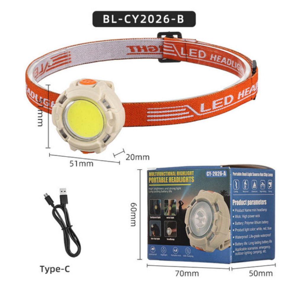 Налобний ліхтар CY-2026-B-COB, 2LED червоний, 2LED синій, Li-Ion акумулятор, ЗУ Type-C