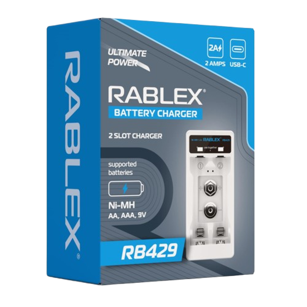 Зарядний пристрій Rablex RB429, 2xAA, AAA, 9V, 2A, Type-c