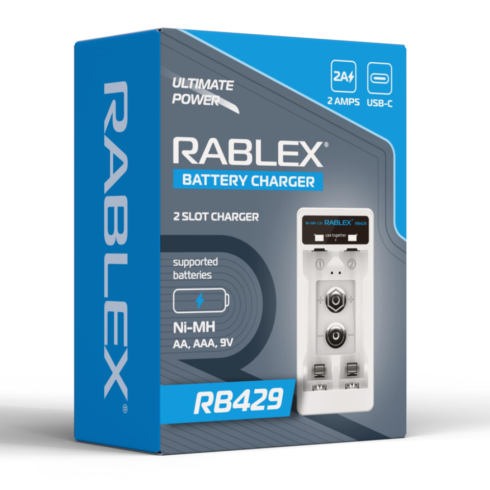 Зарядний пристрій Rablex RB429, 2xAA, AAA, 9V, 2A, Type-c