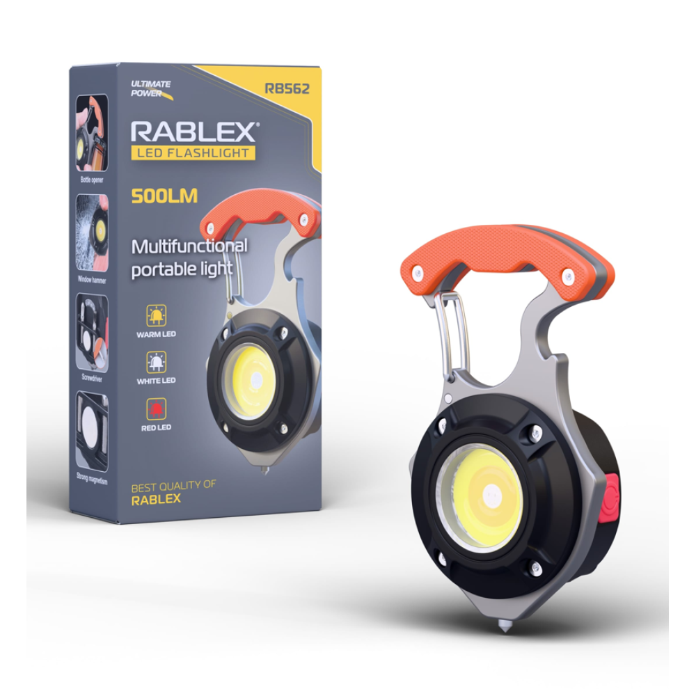 Ліхтар для кемпінгу Rablex RB562, Білий, Жовтий, Червоний, мультитул, Li-Ion акум., магніт, карабін