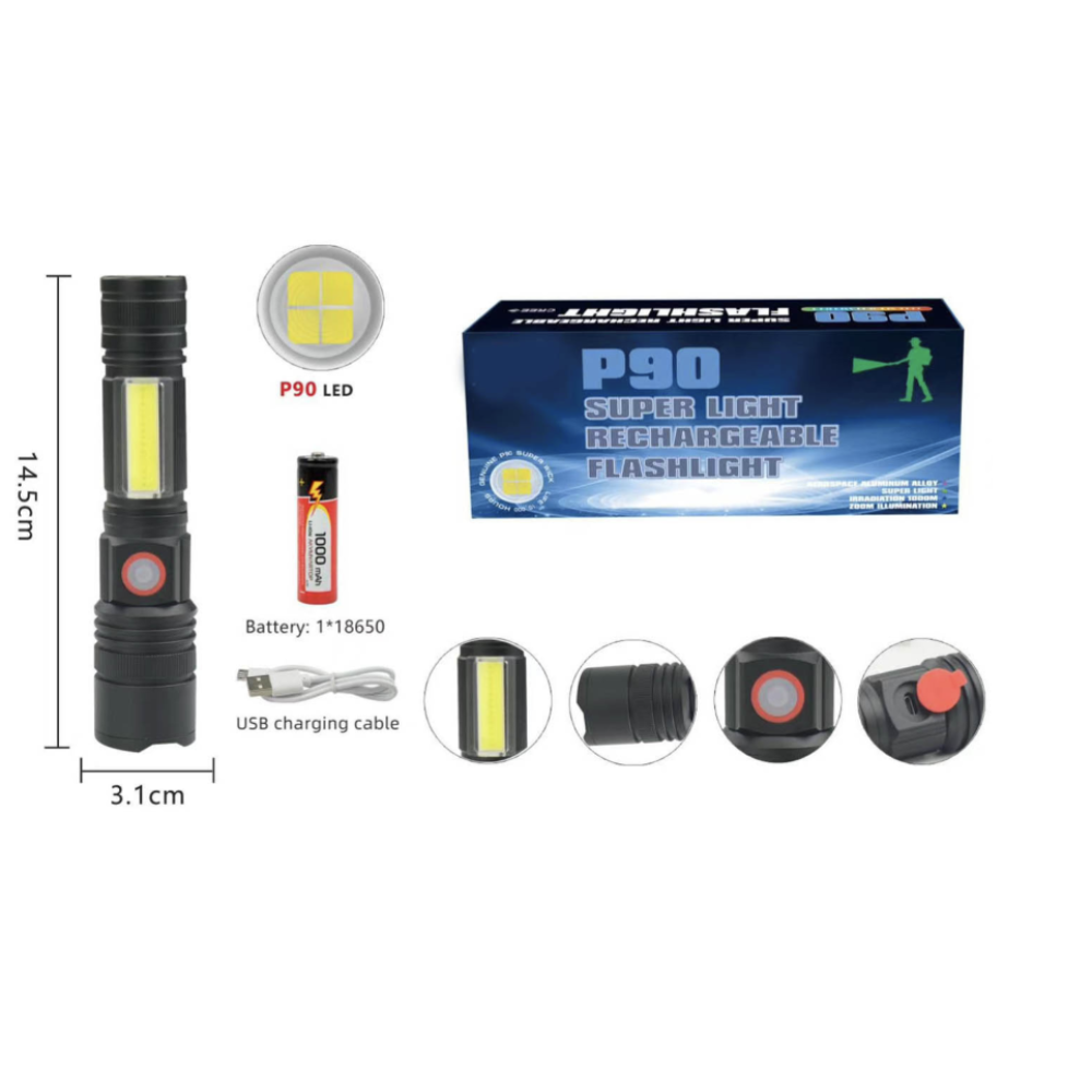 Ручний ліхтар Police RB244, P90 LED, microUSB, Бокове підсвічування, Zoom