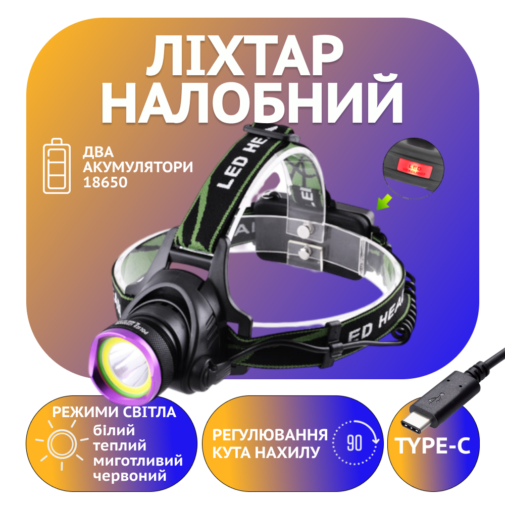 Налобний ліхтар Police T6+COB, ЗУ 220V, 12V, 2х18650