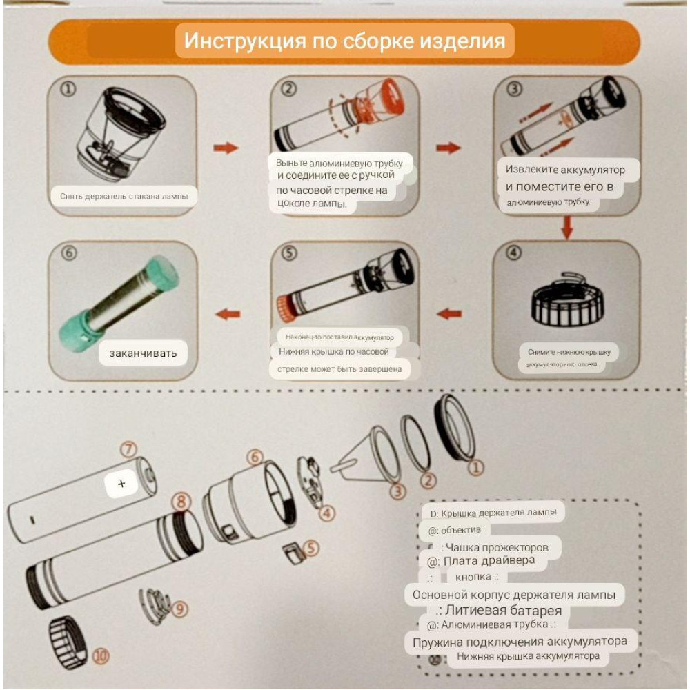 Ручний ліхтар розбірний RB293, Okgo fa-8911, 18650, microUSB