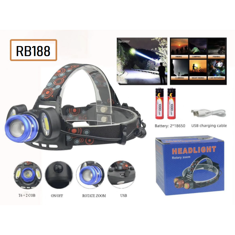 Налобний ліхтар RB188, BL-150-T6+COB, сенсорне ввімкнення, microUSB