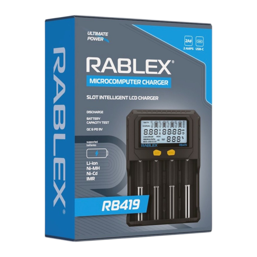 Зарядний пристрій Rablex RB419 — 4 слоти, 2A, LCD-дисплей, тест ємності, підтримка QC/PD, для Li-i