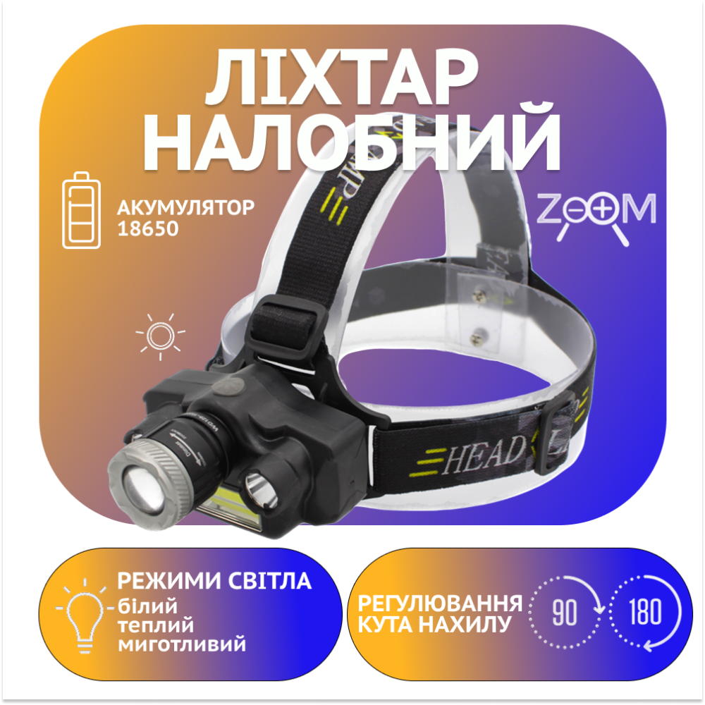 Налобний ліхтар RB129, TD-812-T6, 1х18650 Акк., T6+2хXPE+COB, Zoom, MicroUSB ЗУ