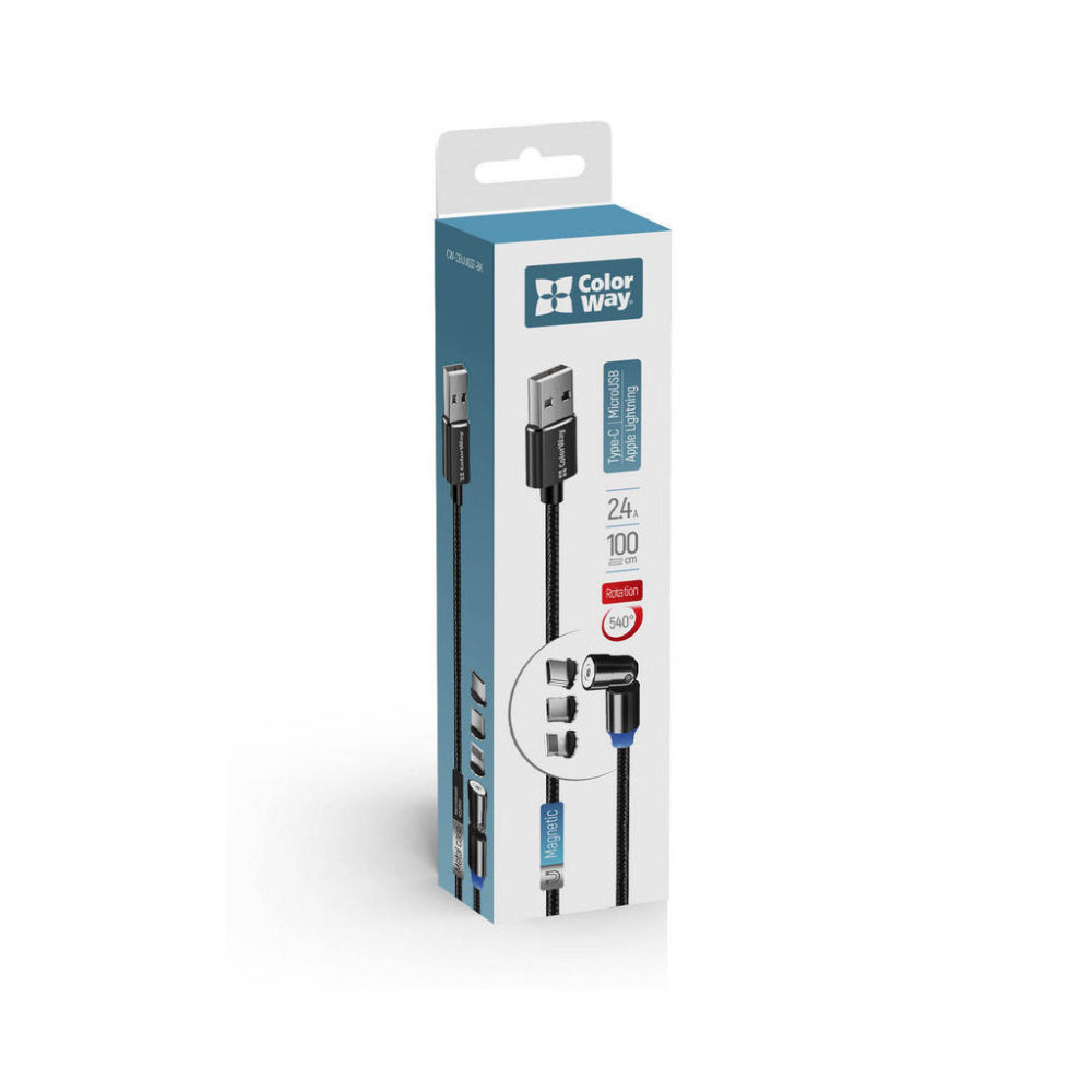 Дата кабель USB 2.0 AM to Lightning + Micro 5P + USB-C 1.0m Magnetic Ro ColorWay (CW-CBUU037-BK)