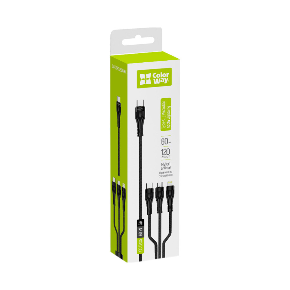 Дата кабель USB 2.0 AM to Lightning + Micro 5P + USB-C 1.2m 3.0A (PD60W data) Black ColorWay (CW-CBPDU3060-BK)