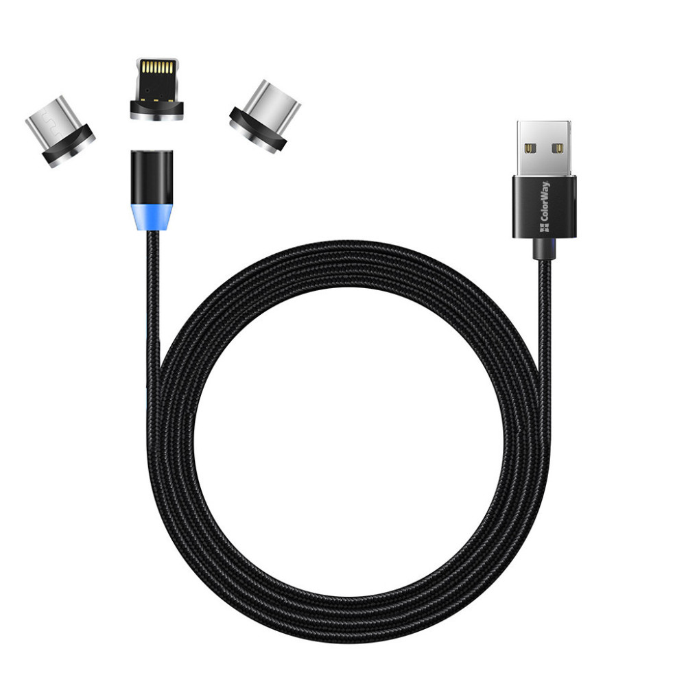 Дата кабель USB 2.0 AM to Lightning + Micro 5P + USB-C 1.0m Magnet only charge ColorWay (CW-CBUU020-BK)