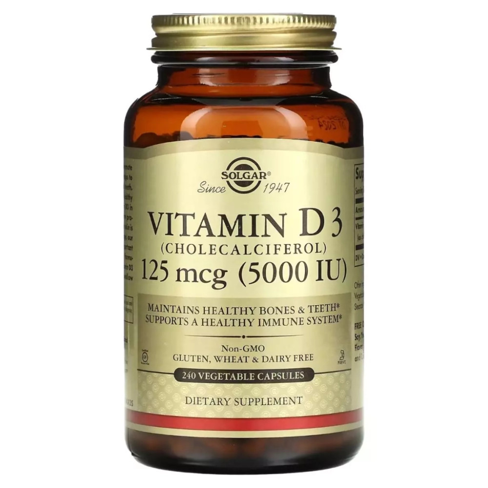 Вітамін Solgar Вітамін D3, 125 мкг (5000 МО), Vitamin D3 (Cholecalciferol), 240 вегетаріанс (SOL-03314)