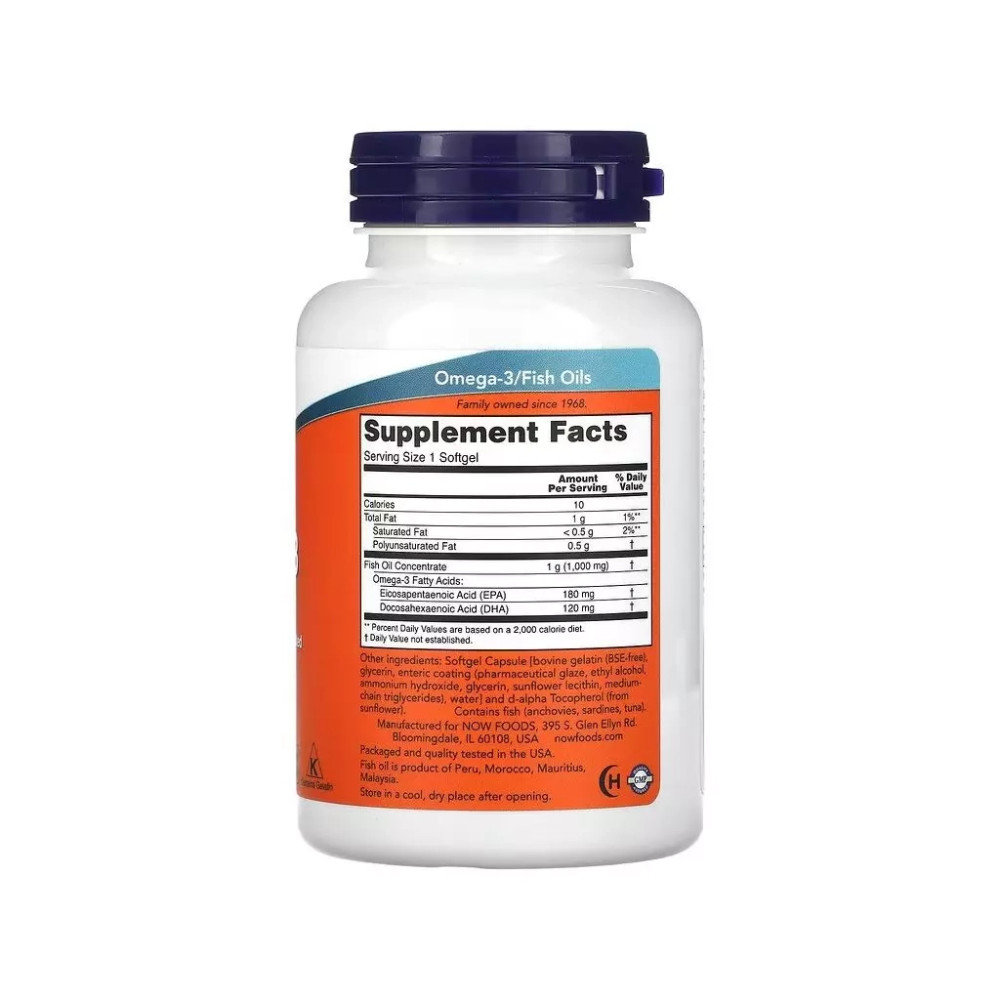 Жирні кислоти Now Foods Омега-3, 1000 мг, 180 EPA - 120 DHA, Omega-3 Fish Oil, 90 гелевих капсул (NOW-01656)