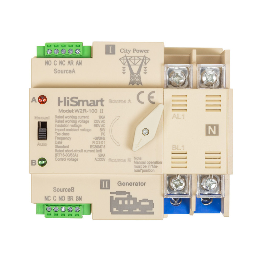 Автоматичний вимикач HiSmart W2R-2P 220V 100A (HS082482)