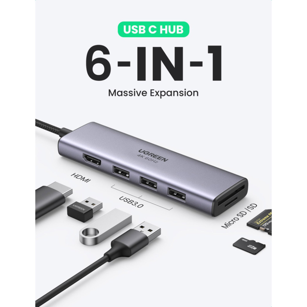 Концентратор Ugreen USB3.1 Type-C to HDMI 4K60Hz/USB 3.0х2/SD/TF/PD 100W 5-in-1 CM511 (60383)