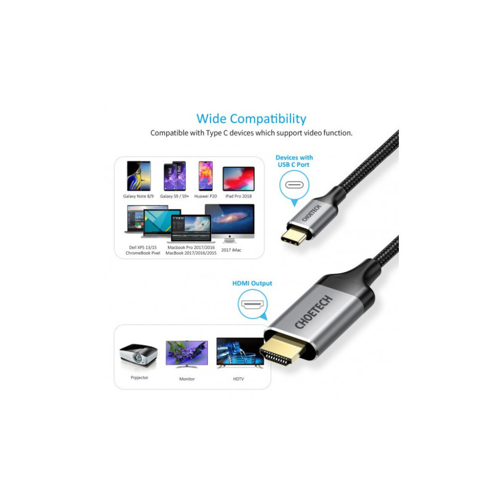 Кабель мультимедійний USB-C to HDMI M 1.8m 4K60Hz Choetech (CH0021-BK)