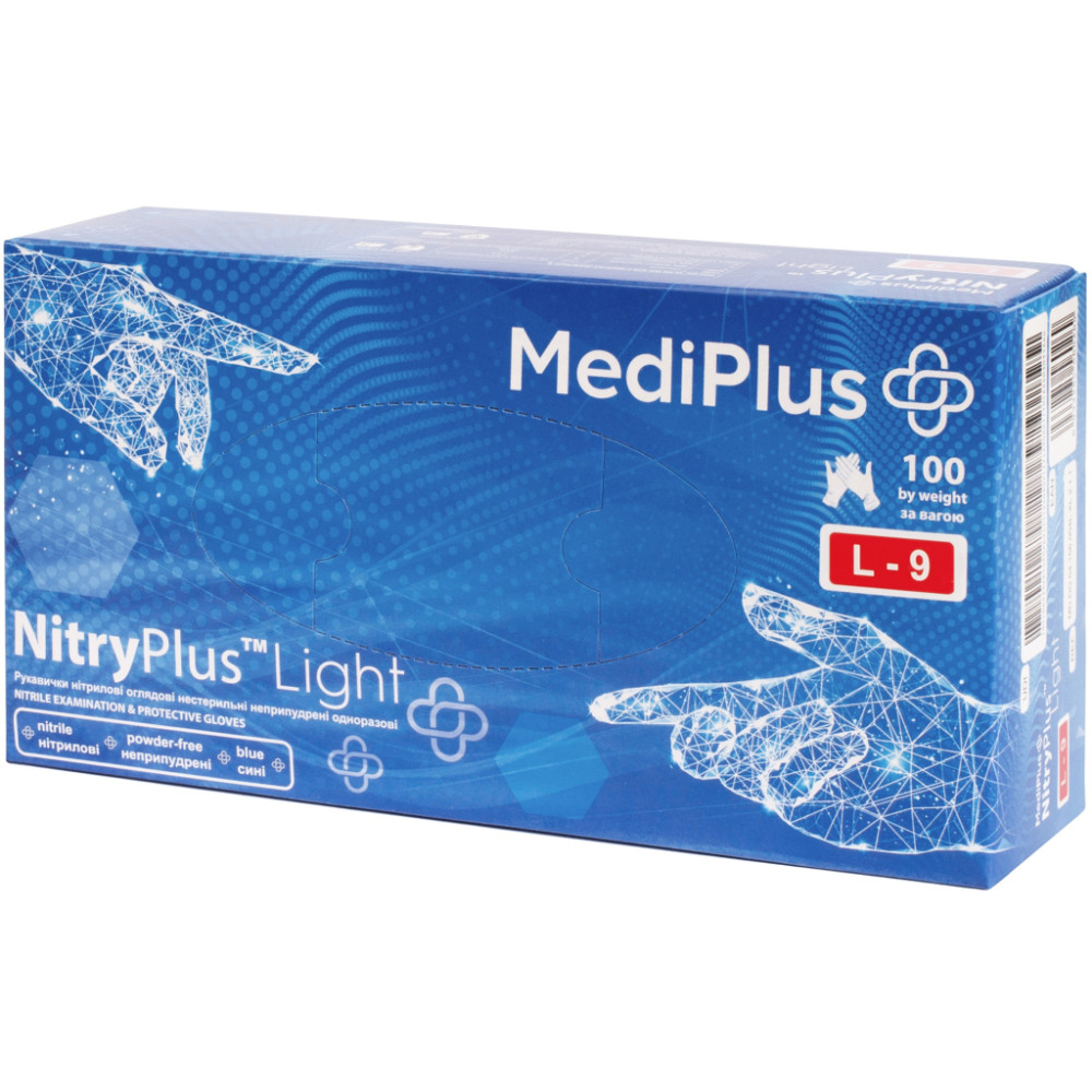 Медичні рукавички MediPlus NitryPlus Light Нітрилові оглядові нестерильні неприпудрені Сині Розмір L 100 шт. (6933265560252/6933265561662)