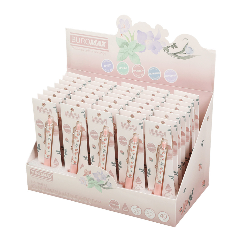 Ручка гелева Buromax автоматична BLOSSOM, 0.5 мм, ароматний грип, Троянда, сині чорнила, в блістері (BM.8368-43)
