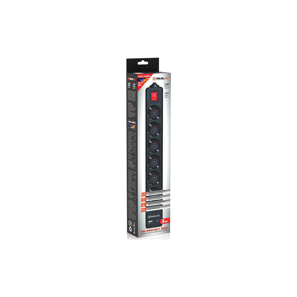 Мережевий фільтр живлення REAL-EL RS-PROTECT 605 3m, black (EL122300041)