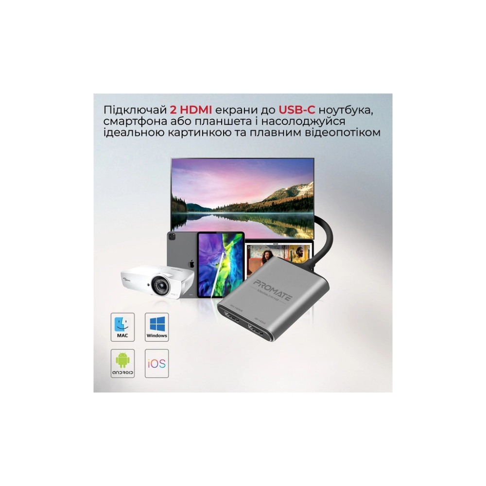 Перехідник USB-C to 2xHDMI 4K Promate (medialink-h2.grey)