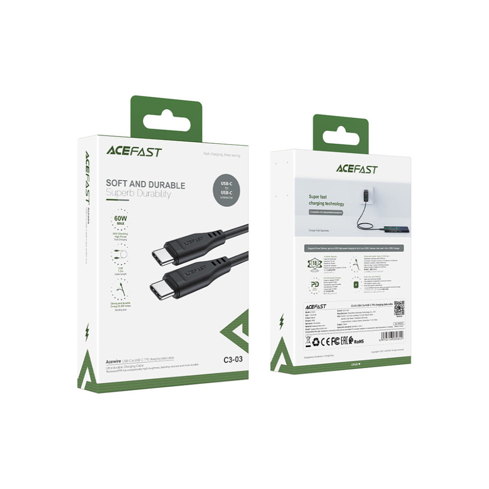 Дата кабель USB-C to USB-C 1.2m 3A TPE C3-03 Black Acefast (6974316280842)