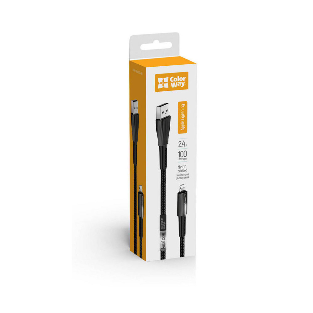 Дата кабель USB 2.0 AM to Lightning 1.0m zinc alloy + led black ColorWay (CW-CBUL035-BK)